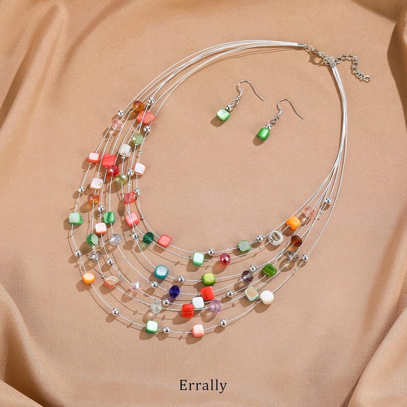 Errally Store Multi-Layer Boho Shell Beaded Necklace for Women Colorful Crystal Strand with Silver Beads Statement Collars Necklace and Earrings Costumes Jewelry Sets for Women - Image 2